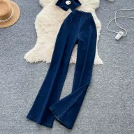 Womens Denim Set Metallic Button Cami Top and High Waist Slim Flare Pants Casual Fashion