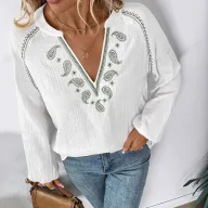 Loose Fit Embroidered V Neck Long Sleeve Shirt for Women Summer Casual Style Available in White Wholesale Options