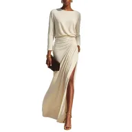 Elegant Solid Color Long Sleeve High Waist Dress for Evening Wear in Polyester