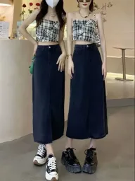 Plus Size Black Denim A Line Skirt with High Waist and Side Slit for Spring Summer Wholesale private label