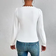 Womens V Neck Long Sleeve T Shirt with Puff Sleeves and Lace Trim in White for Spring Summer Casual Wear Wholesale