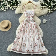 French Country Style Floral Print Maxi Dress High Waist A Line Silhouette Sleeveless Summer Vacation Wear Wholesale