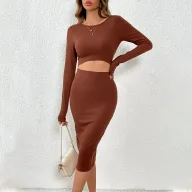 Knit Bodycon Dress for Women Hollow Waist Design Slim Fit Long Skirt Available in Brown Wholesale Low MOQ