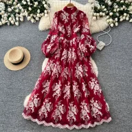 French Court Style Embroidered Lace Dress Puff Sleeves High Neck Waist Tie Elegant Long Dress for Autumn Wholesale