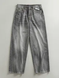 Gray Vintage Wash Loose Fit Denim Pants for Men Sleeveless Collarless Breathable Casual