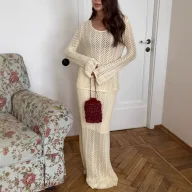 Knitted Two Piece Set Hollow Out Design Long Sleeve Top and Midi Skirt Cotton Fabric Casual Vacation Wear Wholesale