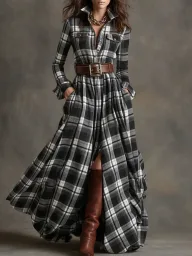 Office Lady Long Sleeve Polyester Dress with Mid Waist in Vintage for Women