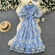 Blue Lace A Line Dress for Women Summer Puff Sleeves Waist Defining Elegant Style Available for Wholesale