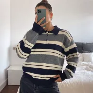 Loose Fit Striped Knit Sweater for Women Soft Fabric Classic Collar Casual Style Available in Blue Wholesale