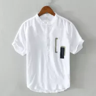 Mens Loose Fit Short Sleeve Solid Linen Shirt with Stand Collar for Summer