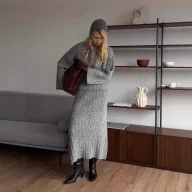 Womens Autumn Winter Solid Color Crew Neck Cable Knit Sweater Set with Wide Leg Pants and Scarf Wholesale