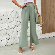 Womens Green Wide Leg Pants with Belt Summer Casual Style Lightweight Fabric ready to ship