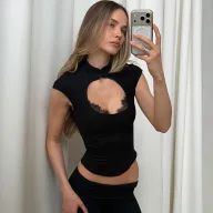 Womens Summer Fashion Top Slim Fit Hollow Lace Trim Short Sleeve Solid Color Casual Wear Wholesale Available