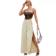 High Waist Wide Leg Jeans for Women Trendy Split Design Casual Chic Style Available in Khaki Wholesale Supply
