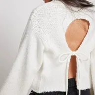 Knit Sweater Round Neck Long Sleeve Sexy Backless Tie Design Short Style Casual Wear for Autumn and Winter