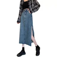 High Waist A Line Denim Skirt Vintage Style Mid Length with Asymmetrical Slit Casual Summer Wear