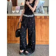 Summer Womens Casual Pants Lace Trim Bow Detail Loose Fit Wide Leg Perfect for Everyday Wear Wholesale Available