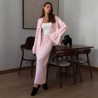 Womens Knitted Polo Sweater Set Solid Color Flare Sleeve Cardigan and Skirt Autumn Winter Fashion