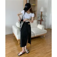 High Slit Denim Skirt for Women Vintage Style Side Split Patchwork Design Casual Summer Wear