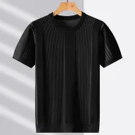 Mens Short Sleeve Striped Wool Knitted T Shirt Fashionable Casual Wear for Fall and Winter