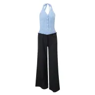 Womens Vintage Plaid Halter Top and Loose Pants Set Casual Summer Outfit Available in Blue and B