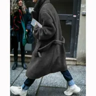 Mens Long Overcoat Thick Plush Fabric Notched Lapel Button Closure Autumn Winter Wear