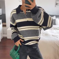 Loose Fit Striped Knit Sweater for Women Soft Fabric Classic Collar Casual Style Available in Blue Wholesale
