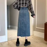 High Waist A Line Denim Skirt Vintage Style Mid Length with Asymmetrical Slit Casual Summer Wear