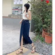 Light Blue High Waist A Line Midi Skirt for Women with Side Slit Casual Summer Wear in Multiple Sizes