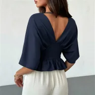 V Neck Batwing Sleeve Top Backless Slim Fit Ruffle Hem Casual Wear Summer Style Wholesale Available