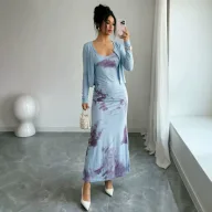French Style Blue Floral Bodycon Dress Set Slim Fit Waist Cinching Spaghetti Straps Spring Fall Vacation Wear
