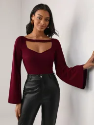 Bell Sleeve T Shirt for Women Hollow Design Slim Fit Long Sleeve Top Casual Office Wear