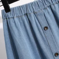 Blue Denim Skirt for Women Elastic Waist Button Design Casual Street Style Available in Multiple Sizes and Wholesale