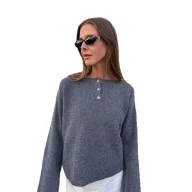 Womens Oversized Knit Sweater Round Neck Button Detail Long Sleeve Solid Color Casual Autumn Winter Top OEM