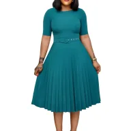 Pleated Midi Dress for Women Round Neckline Plus Size Available Green and Dark Blue Wholesale with Low MOQ