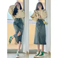 High Waist A Line Denim Skirt for Women Vintage Style Loose Fit with Side Slit Spring Fashion