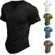 Mens Loose Fit Short Sleeve Stand Collar Cotton T Shirt Solid Pattern Available in Multiple Colors and Sizes