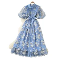Blue Lace A Line Dress for Women Summer Puff Sleeves Waist Defining Elegant Style Available for Wholesale