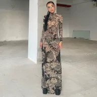 Sheer Floral Print High Neck Bodycon Dress for Women Khaki Spring Summer Fashion