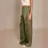 Womens Satin Lace Loose Fitting Floor Length Pants Solid Color Fashionable Elegant Design Perfect for Parties and