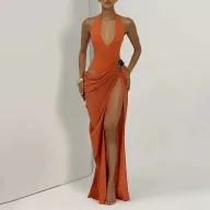 Elegant Sleeveless V Neck Solid High Waist Polyester Dress