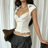 Womens Summer T Shirt Ruffle Trim Pleated Design Waist Cinching Short Sleeve Casual Fashion Top Wholesale