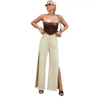 High Waist Wide Leg Jeans for Women Trendy Split Design Casual Chic Style Available in Khaki Wholesale Supply
