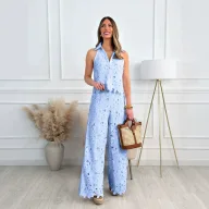 Womens Summer French Style Embroidered Hollow V Neck Tank Top and Wide Leg Pants Set in Multiple Colors Wholesale