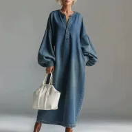 Long Sleeve V Neck Polyester Office Lady Dress for Women in Blue Available in Sizes S to XXL