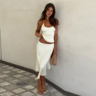 Womens Casual Outfit Set Sexy Backless U Neck Camisole and Elegant Midi Skirt Spring Collection