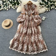 French Court Style Embroidered Lace Dress Puff Sleeves High Neck Waist Tie Elegant Long Dress for Autumn Wholesale