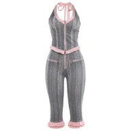 Summer Womens Outfit Set Unique Zipper Halter Neck Backless Top Ruffled Hem Slim Fit 5 Point Pants Casual Wear