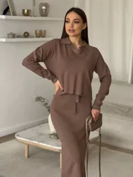Knitted Two Piece Set for Women Soft Fabric with Split Sweater and Tie Waist Skirt Casual Autumn Winter Wear Wholesale