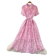 Pink Lace A Line Dress for Women Short Sleeve Collared Slim Fit Elegant Style for Parties and Events Wholesale